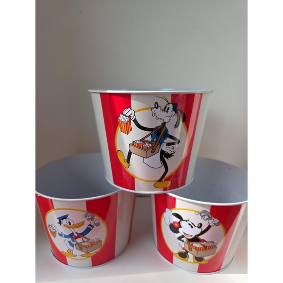 Disney Other - Vintage Disney Metal Popcorn Bowls Set of 3 Mickey Minnie Donald‎ Goofy Striped